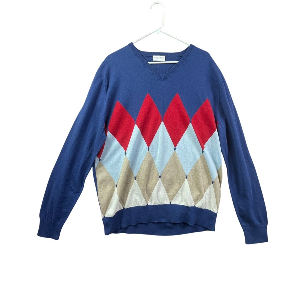 Ballantyne Cashmere Cotton Argyle Sweater Mens Large‎ Blue Lightweight